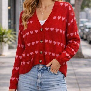 Old Navy Heart Print Cardigan XS Red Pink Button Front Cute Cozy Sweater